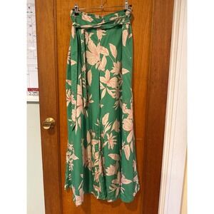 Tori Richard Honolulu Green Floral Wide Leg Pants Size 14 Tencel Belted